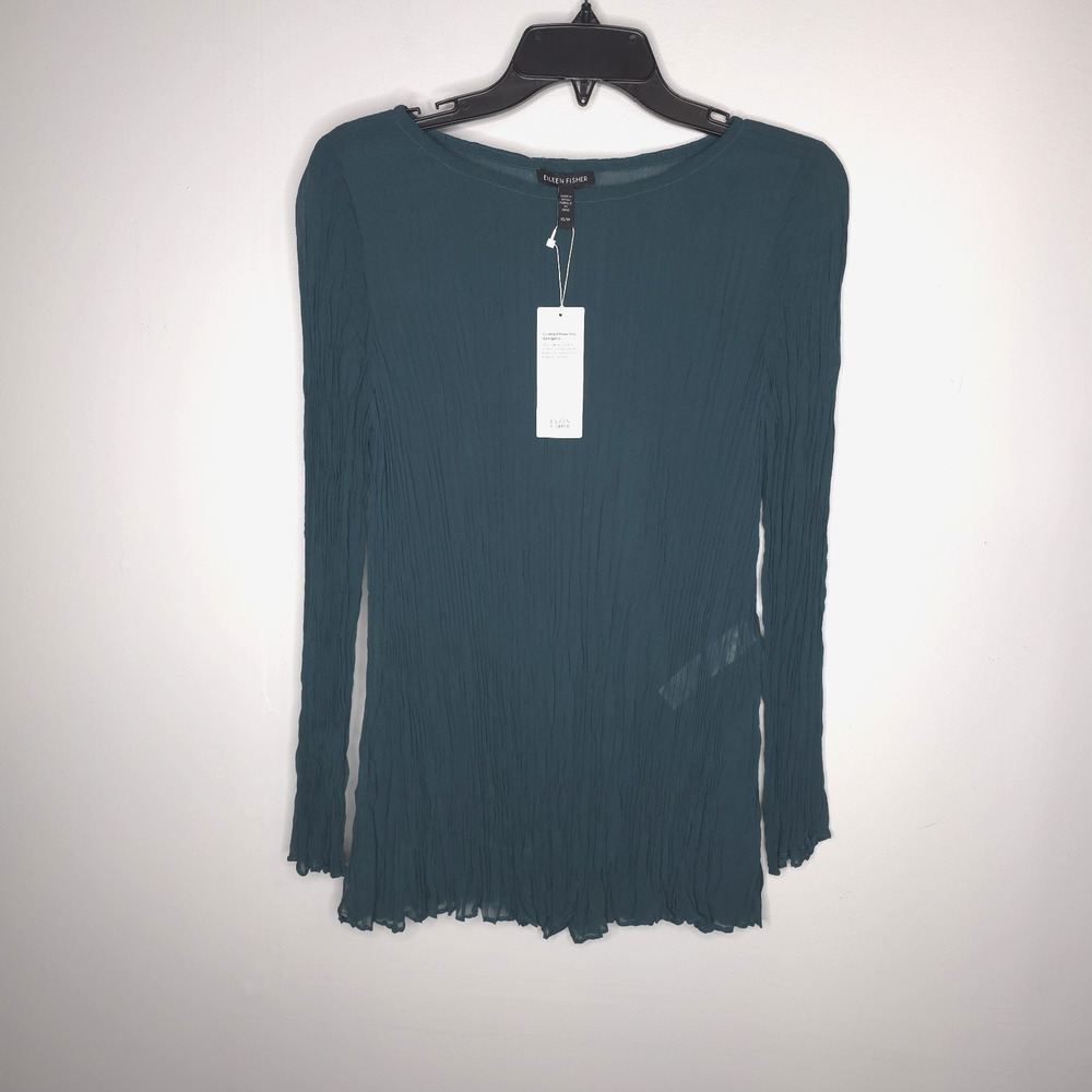 Eileen Fisher Bateau Neck Tunic Top 100% Silk Crinkled Georgette Aegean Size XS
